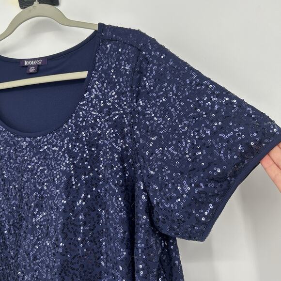Roamans Blue Sequins Top Blouse Short Sleeve Stretch Scoop Neck Size 22W - Picture 3 of 9